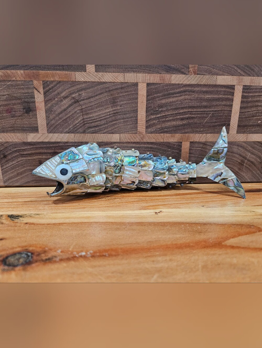 Vintage Mother Of Pearl Shell-Inlay Fish Bottle Opener Iridescent Abalone 8"